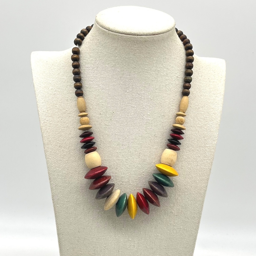 Vintage Multi-Color Chunky‎ Wooden Bead Necklace Boho Statement Barrel Clasp